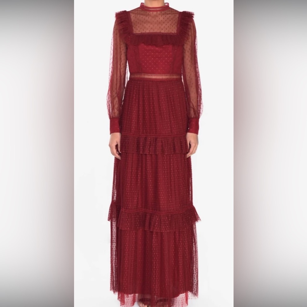 New! Long sleeve burgundy tulle gown